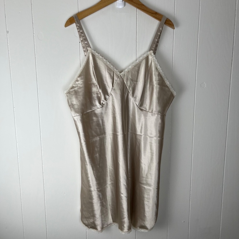 Vintage 90s Champagne Satin Lace Slip Dress Chemise Babydoll 1X XL USA Layering